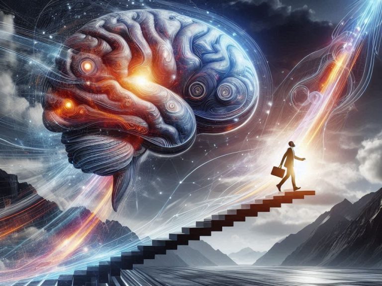 A success mindset, man climbing the staircase to higher consciousness